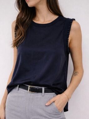 Club Monaco Navy Satin Sleeveless Blouse Ruffle Trim Size Small Minimalist